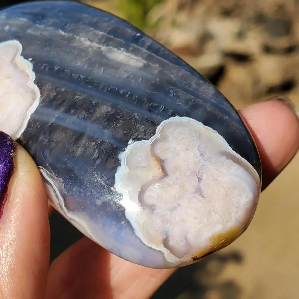 Blue Flower Blossom Agate Translucent Palmstone Crystal 68 grams